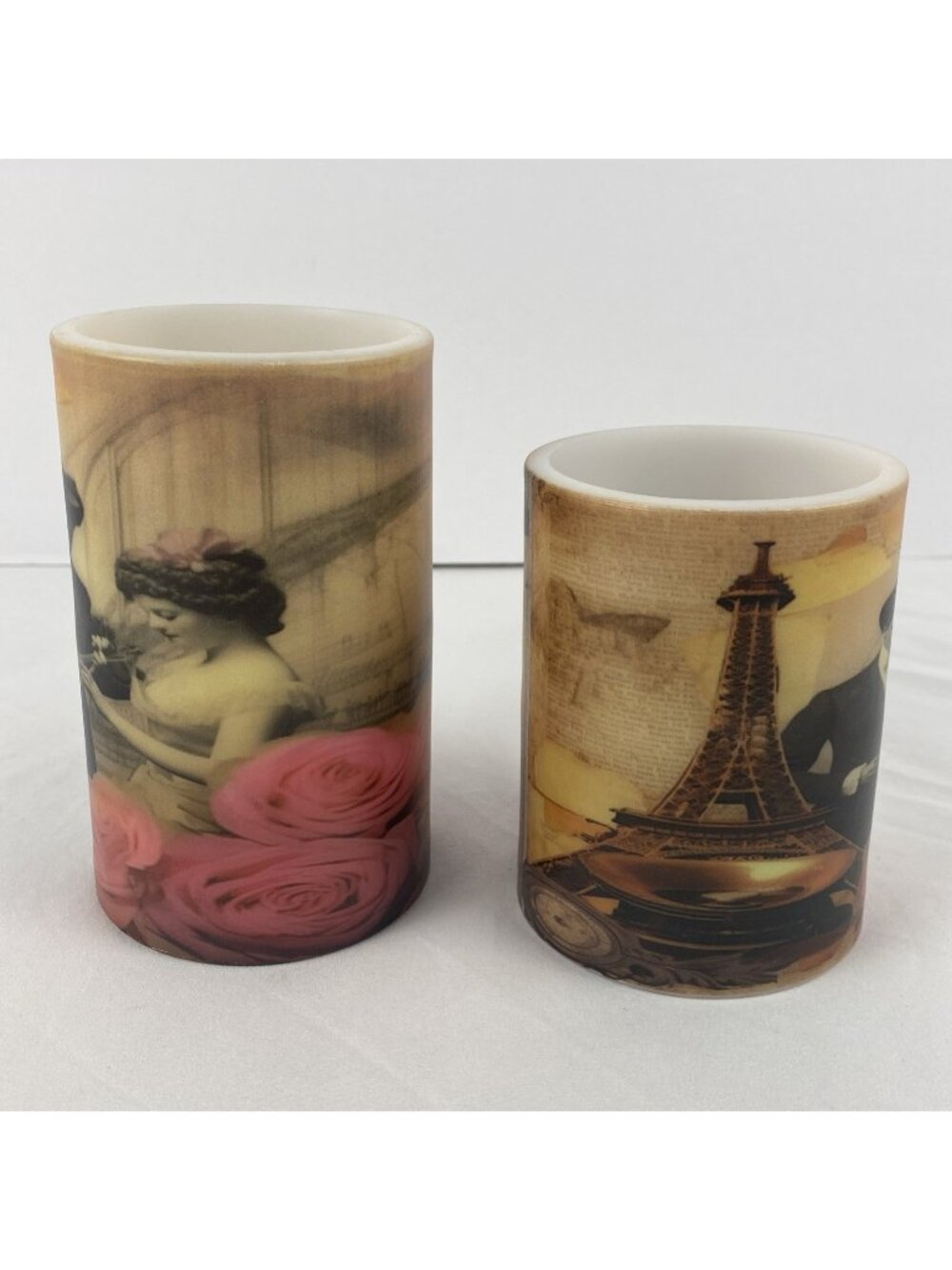 Set of 2 Romantic Eiffel Tower Scene Flameless Candles Color Changing *Pretty*